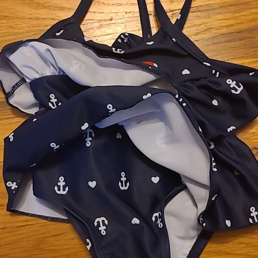 3-6 month Navy Swimming Suit with Anchors and Red Bow